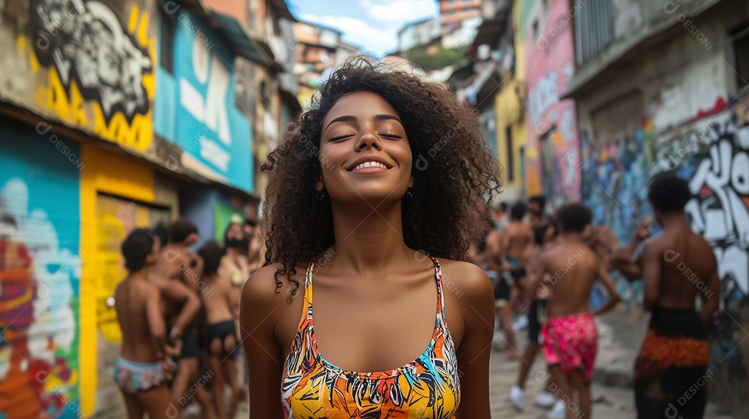 Mulher jovem de cabelo cacheado feliz em uma cena tipica periferia