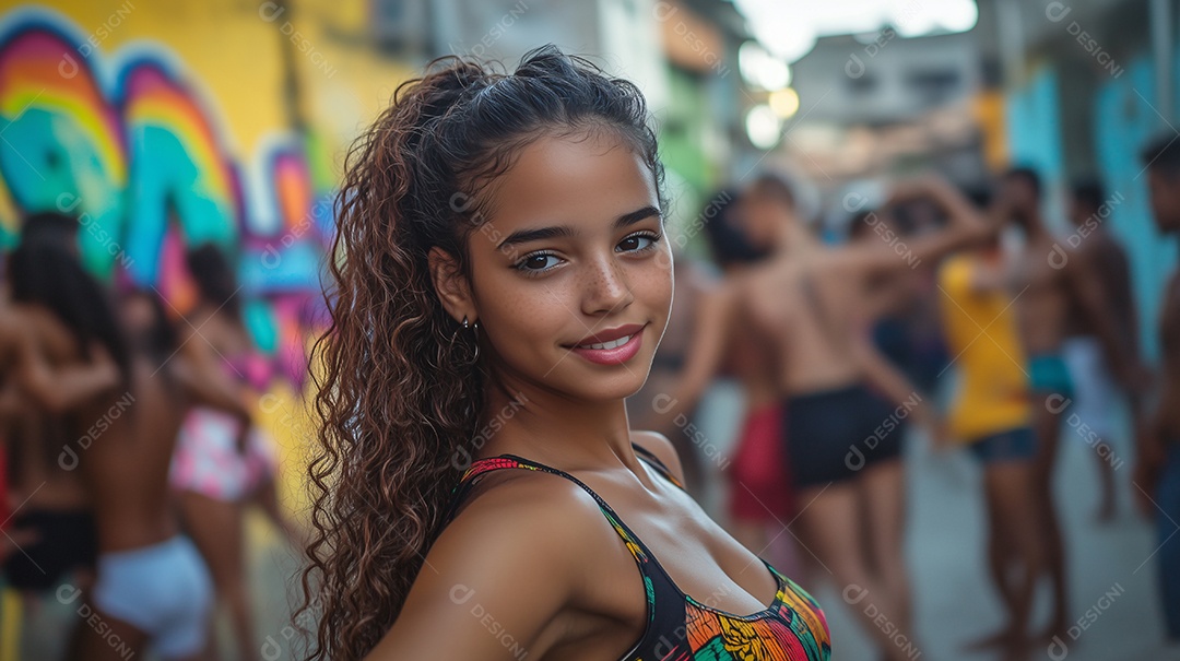 Mulher jovem de cabelo cacheado feliz em uma cena tipica periferia