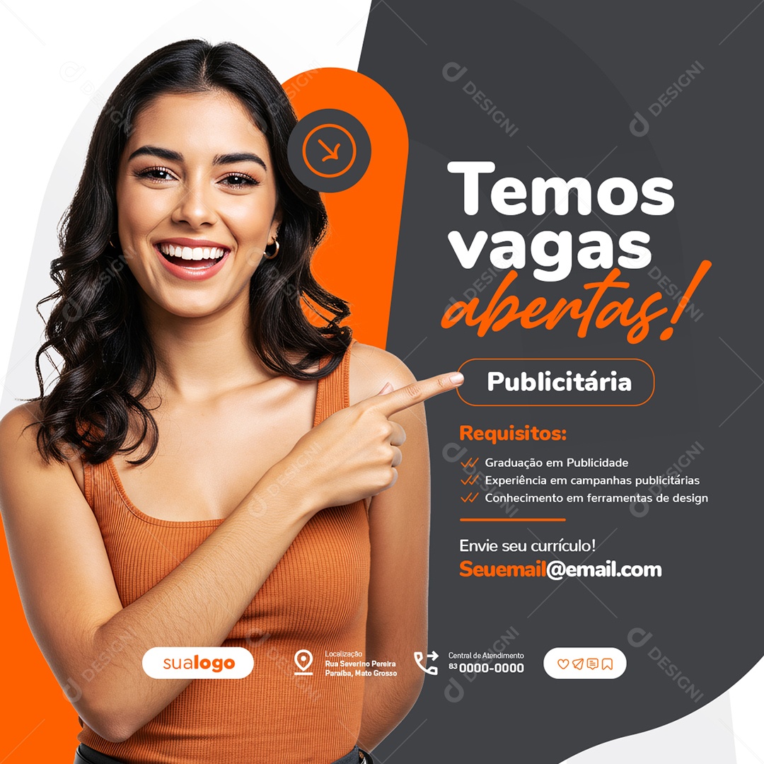 Temos Vaga de Emprego Abertas Publicitária Social Media PSD Editável