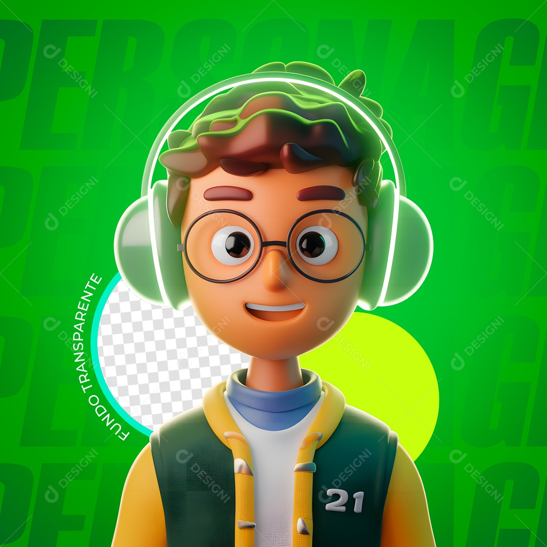 Elemento 3D Adolescente com Fone para Composição PSD