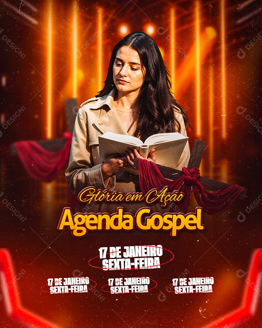 Flyer Gospel Glória em Ação Agenda Gospel Social Media PSD Editável
