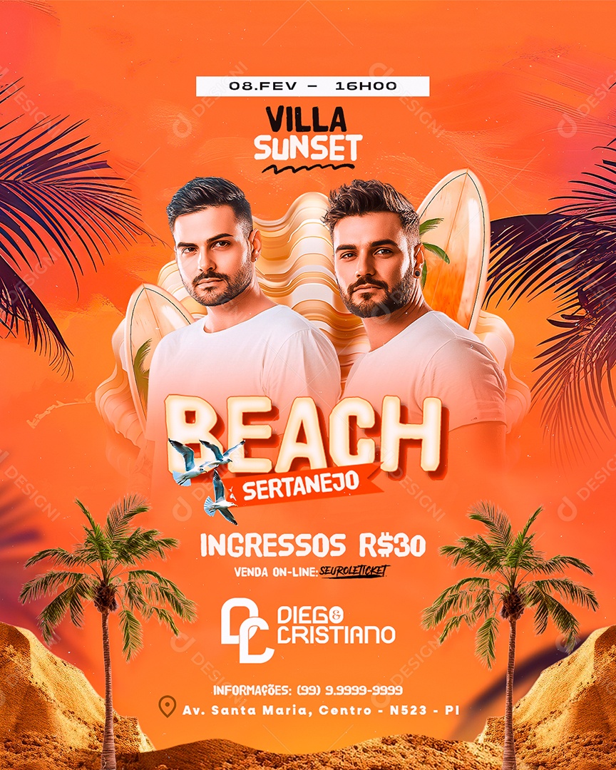 Flyer Beach Sertanejo Villa Sunset Social Media PSD Editável