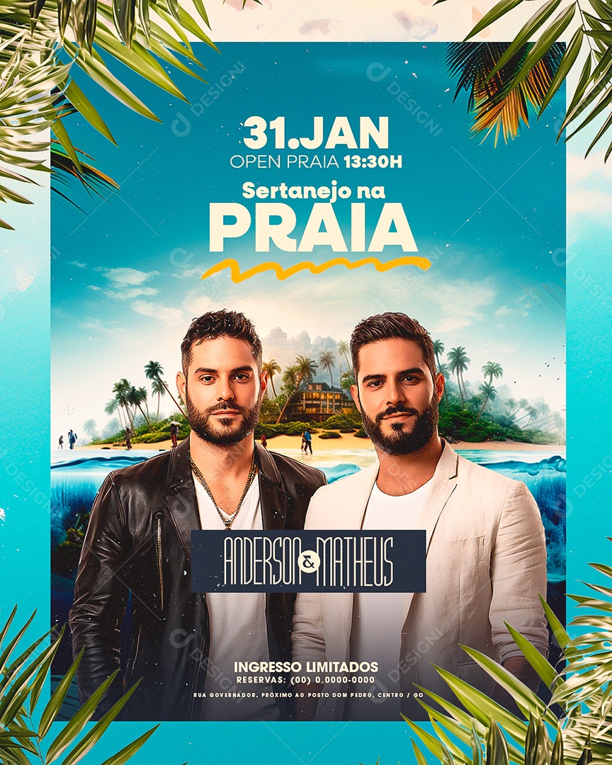 Flyer Sertanejo na Praia Anderson e Matheus Social Media PSD Editável