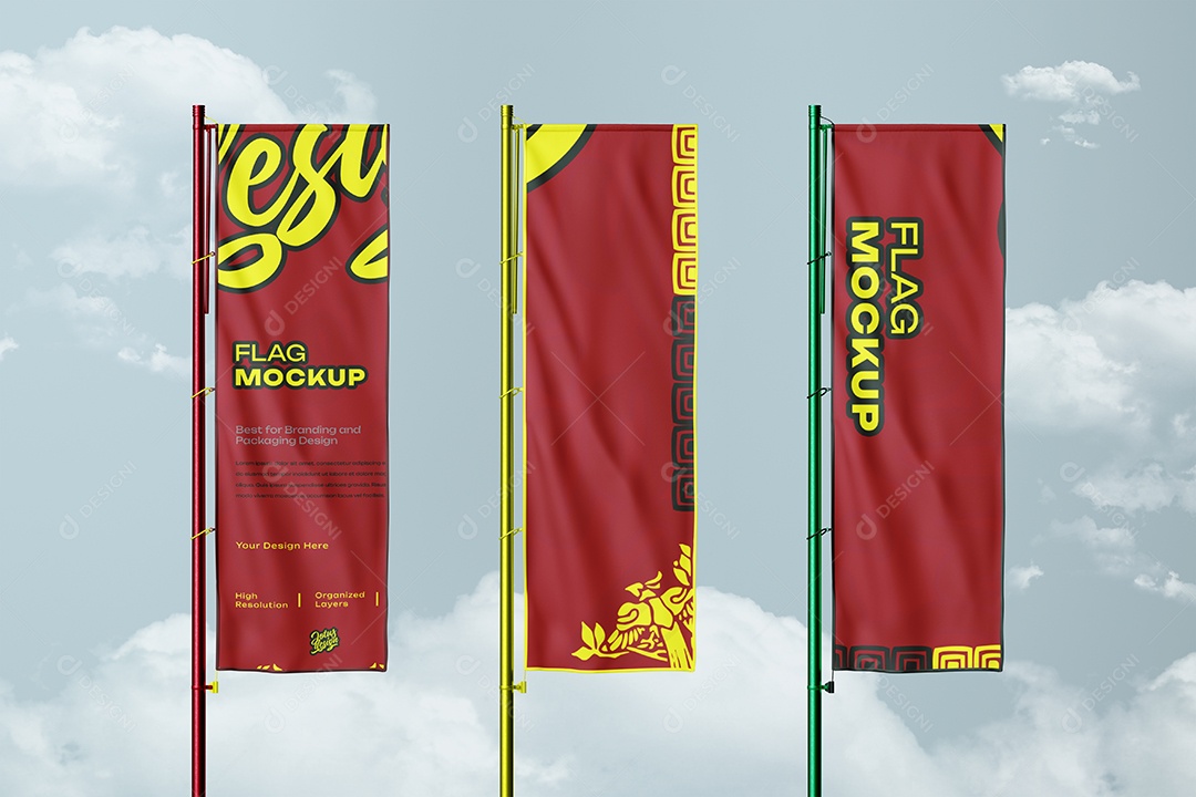 Maquete de Três Bandeiras Vertical Mockup Para Composição PSD Editável