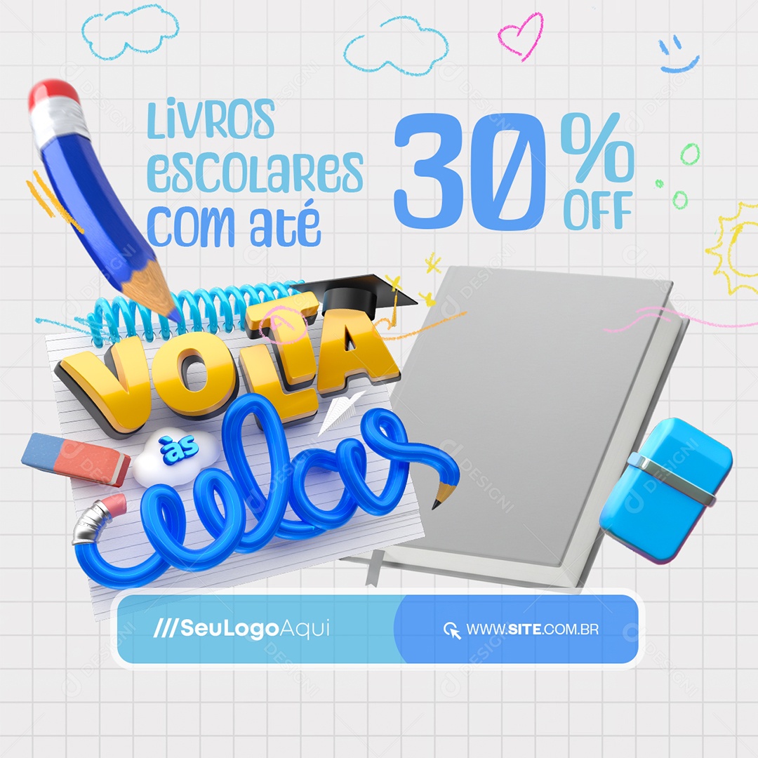 Volta às Aulas Agenda Livros Escolares com Até 30% Off Social Media PSD Editável