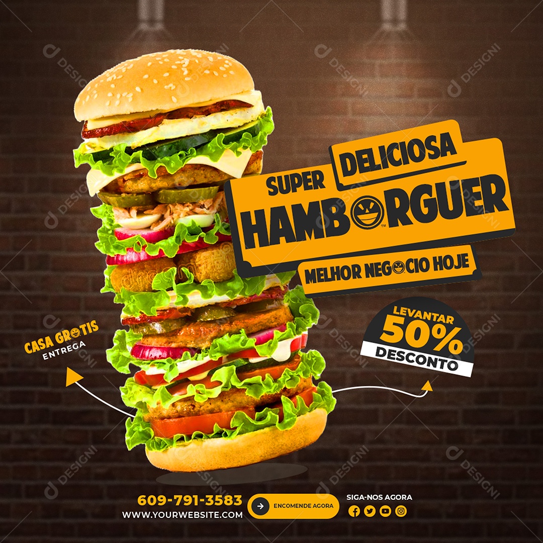Hamburgueria Hambúrguer Super Delicioso Social Media PSD Editável