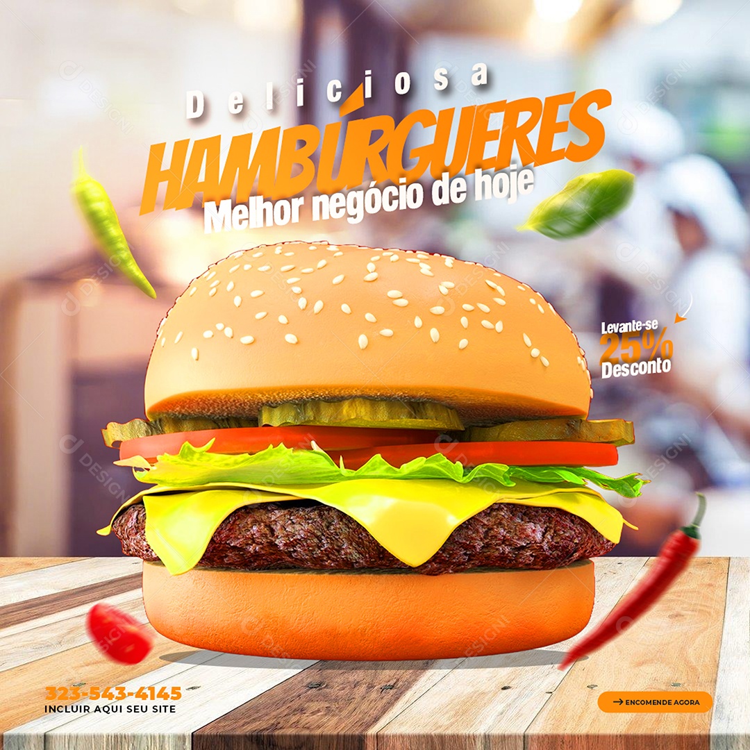 Feed Hamburgueria Hambúrguer 25% Desconto Social Media PSD Editável