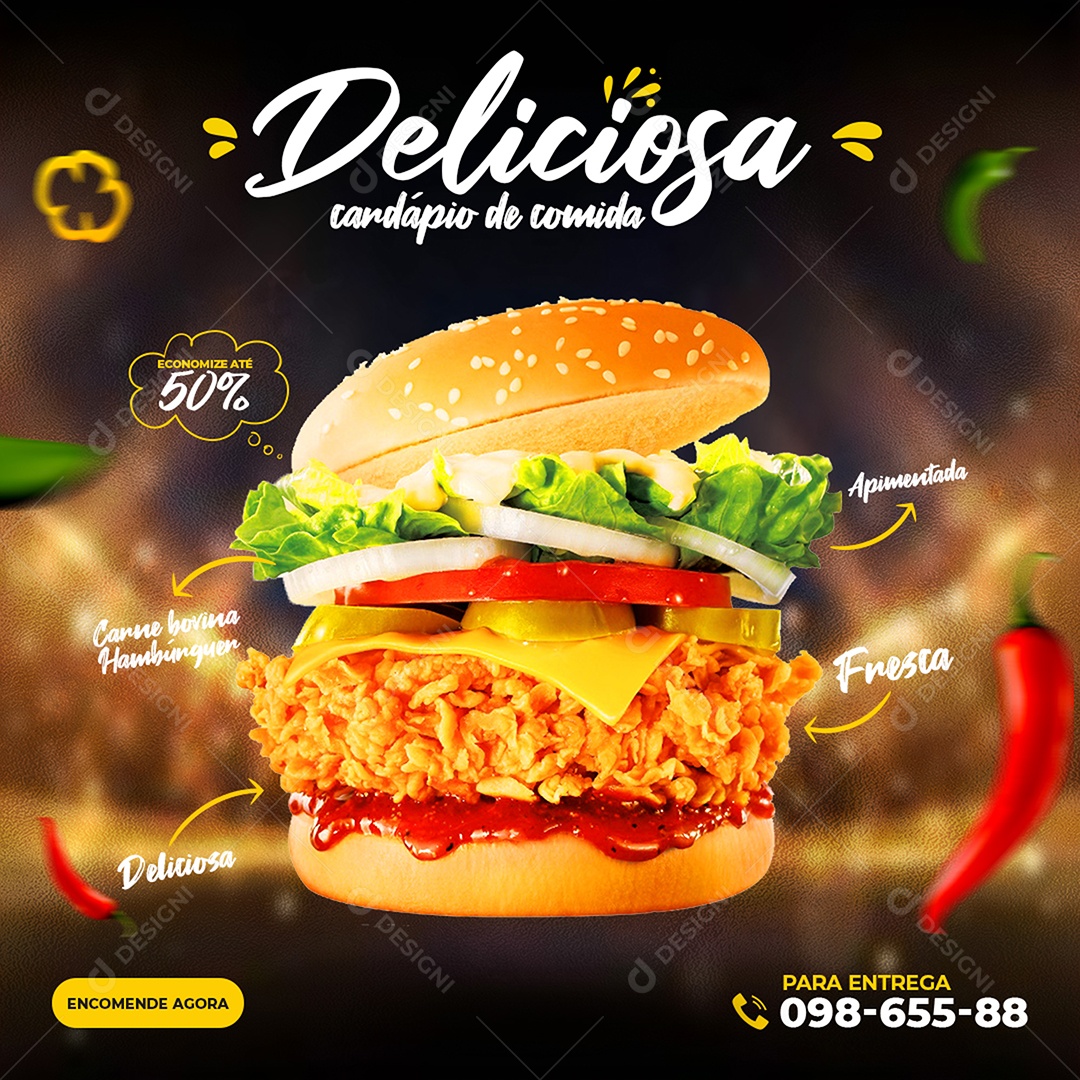 Feed Hamburgueria Hambúrguer Até 50% Desconto Social Media PSD Editável