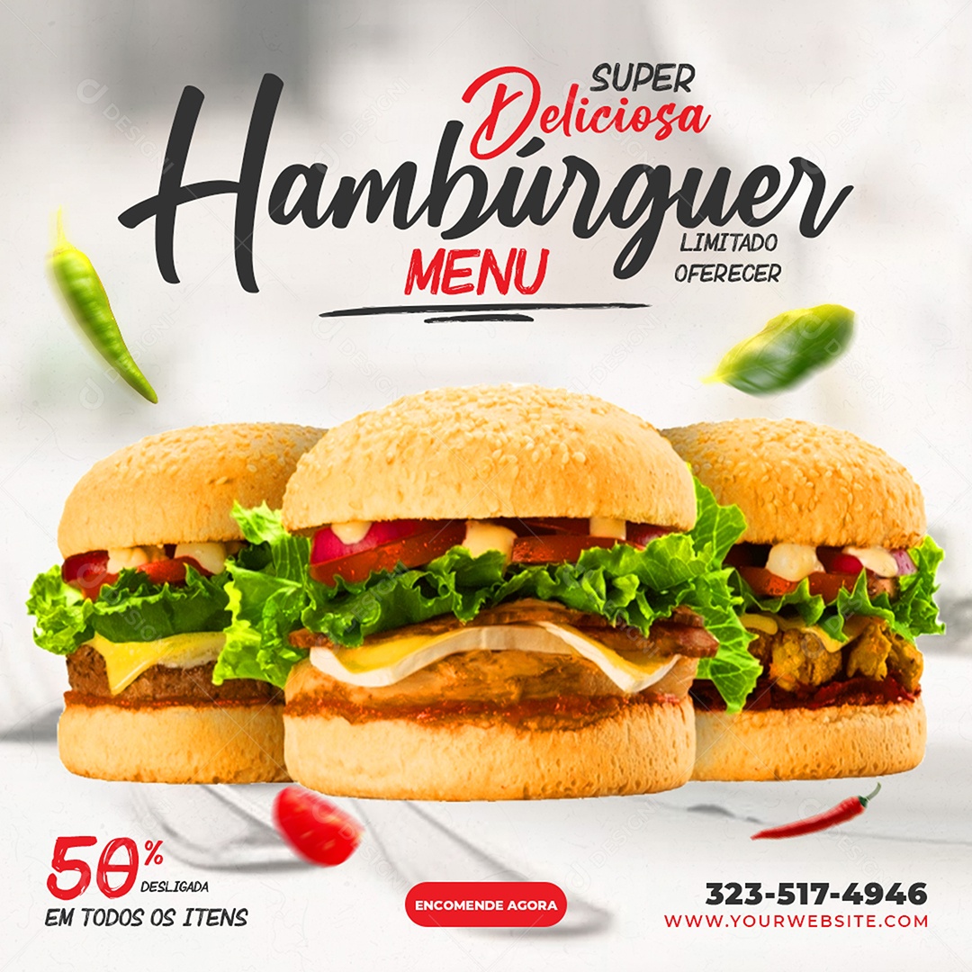 Feed Hamburgueria Hambúrguer Até 50% Desconto Social Media PSD Editável