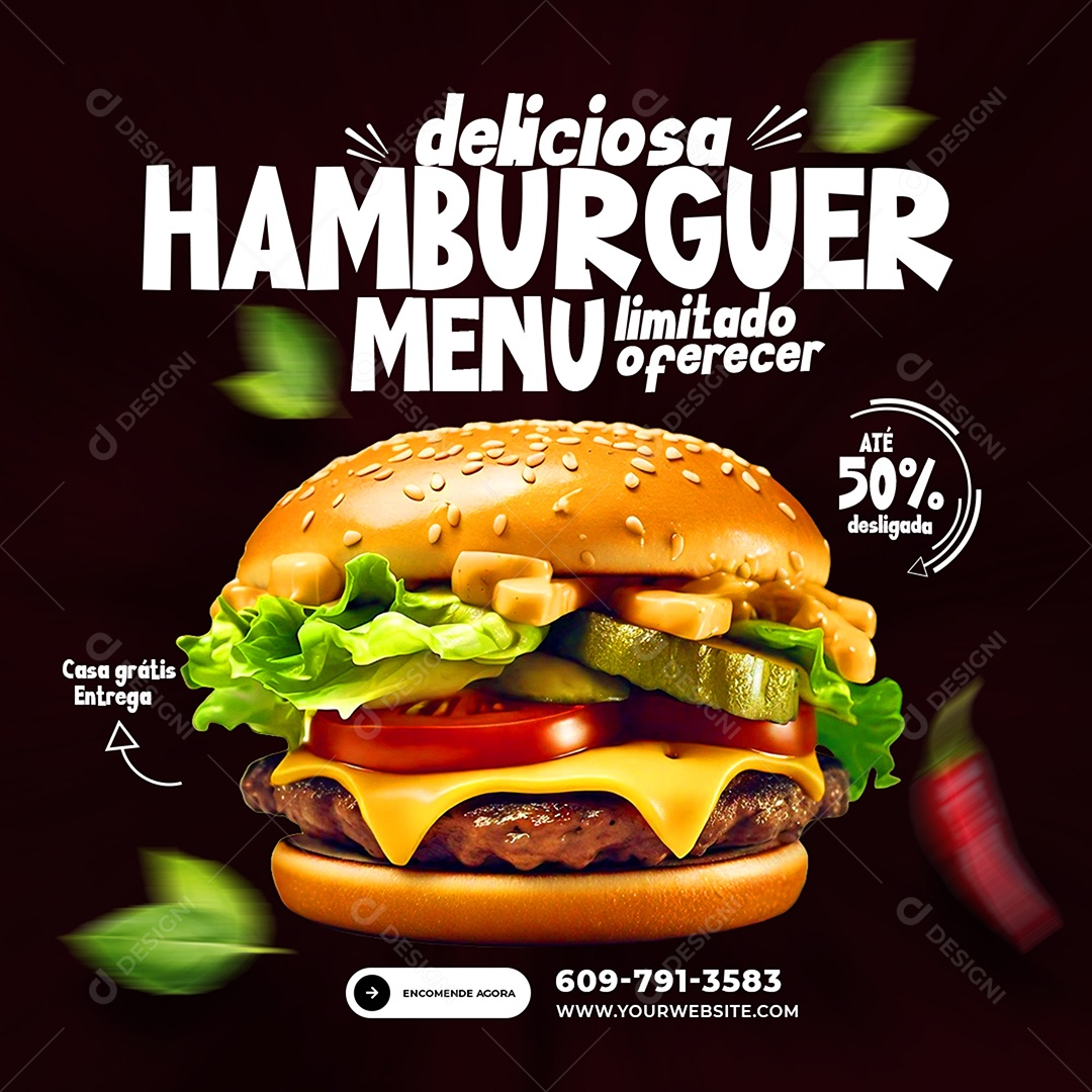 Feed Hamburgueria Hambúrguer Até 50% Desconto Social Media PSD Editável