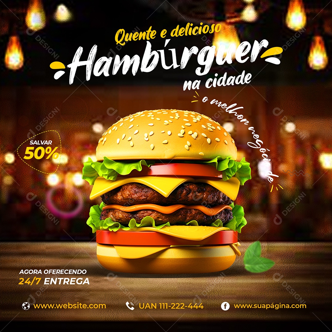 Feed Hamburgueria Hambúrguer Quente e Delicioso Social Media PSD Editável
