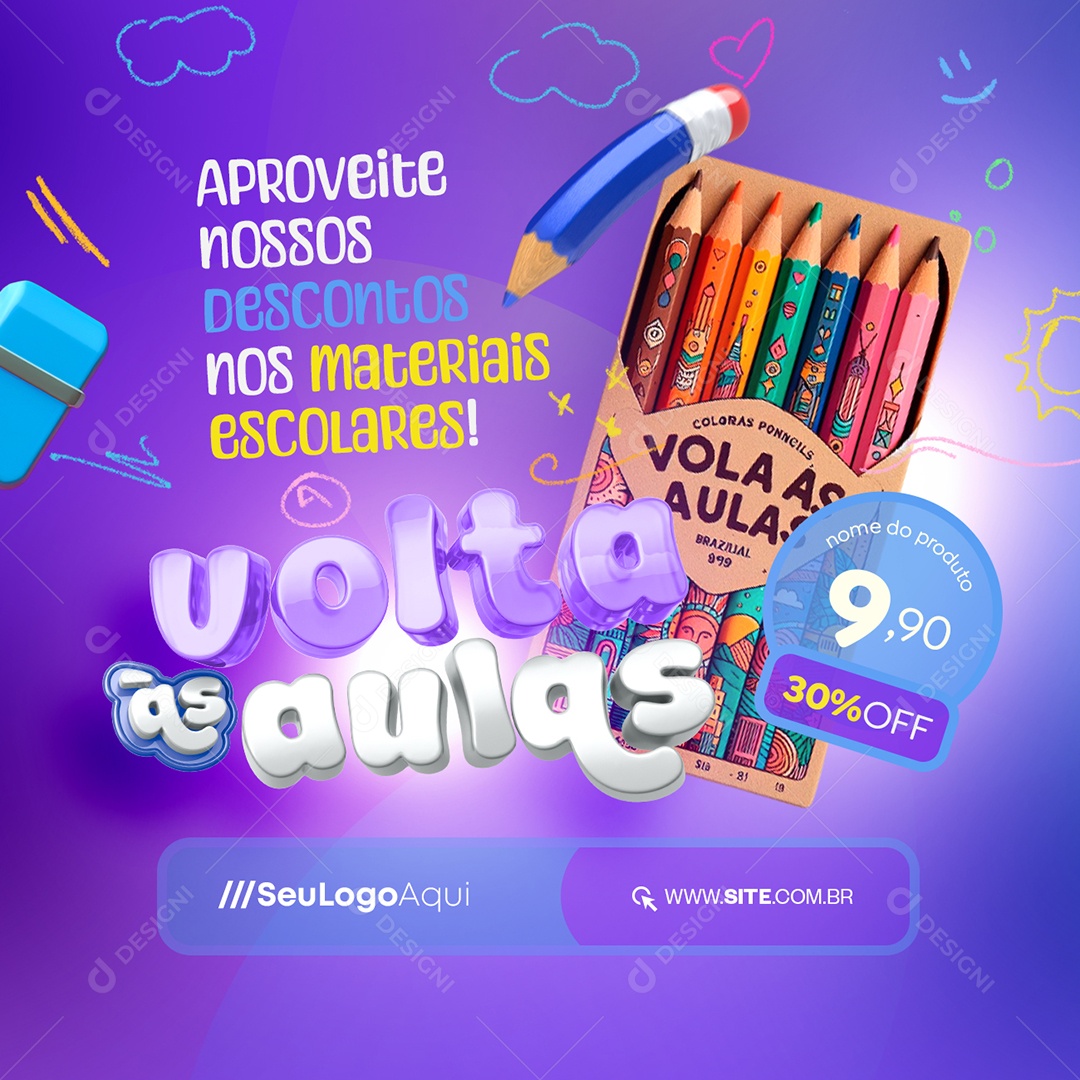 Volta às Aulas Aproveite Nossos Descontos nos Materiais Escolares Social Media PSD Editável