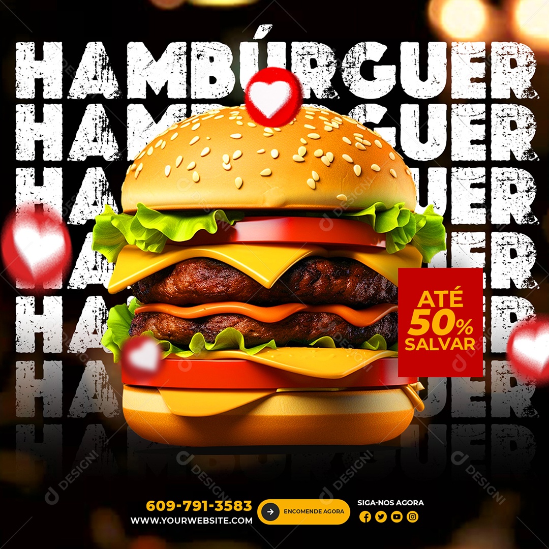Feed Hamburgueria Hambúrguer Até 50% OFF Social Media PSD Editável