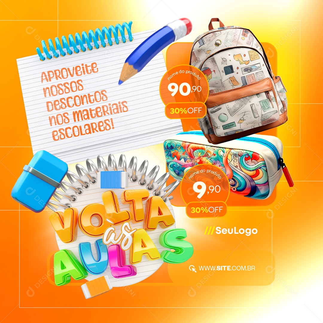 Volta às Aulas Mochila Bolsa 30% Off Social Media PSD Editável