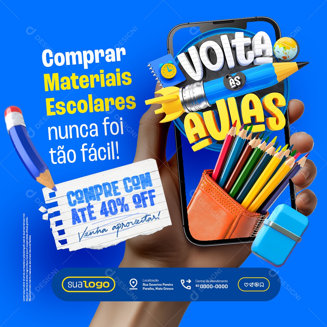 Volta às Aulas Comprar Materiais Escolares Compre com Até 40% Social Media PSD Editável