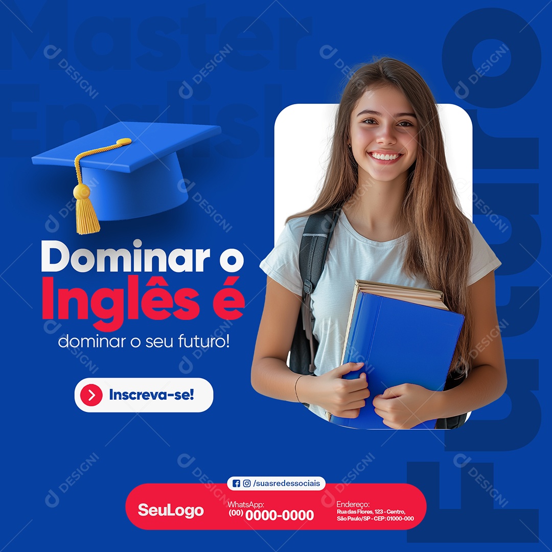Escola de Idiomas Dominar o Inglês é Dominar o Seu Futuro Social Media PSD Editável