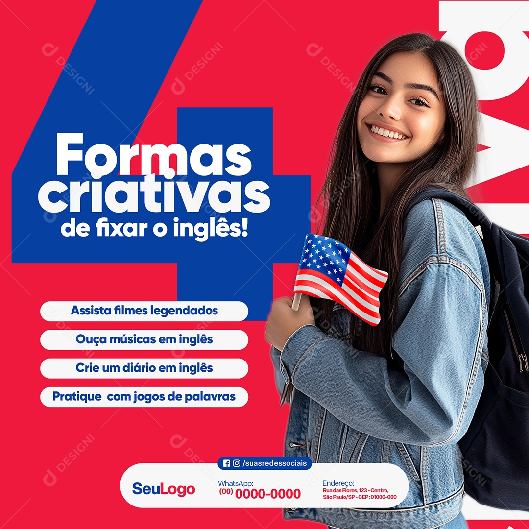 Escola de Idiomas Formas Criativas de Fixar o Inglês Social Media PSD Editável
