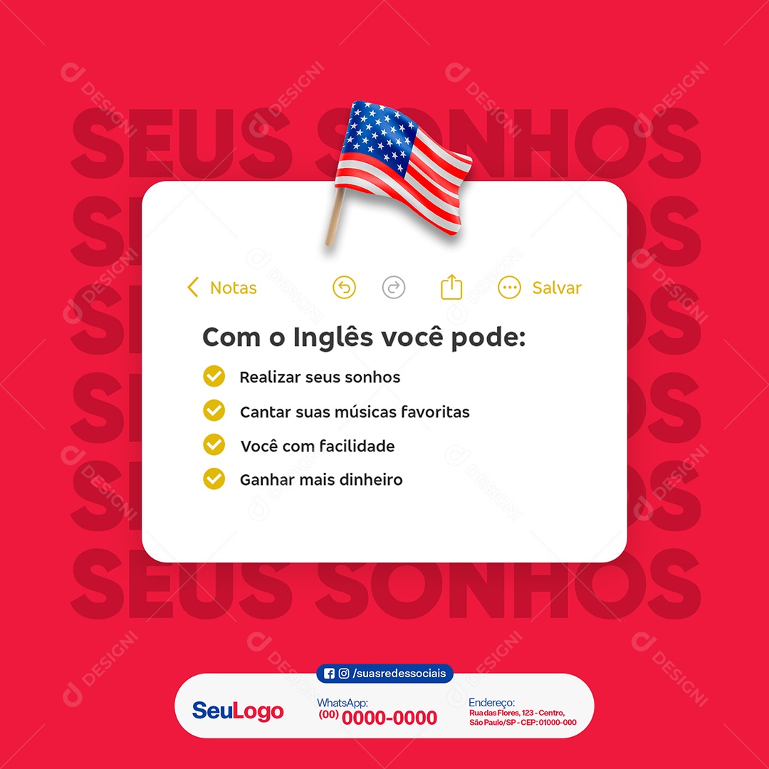 Escola de Idiomas Lista Do Que Você Pode Com Inglês Social Media PSD Editável