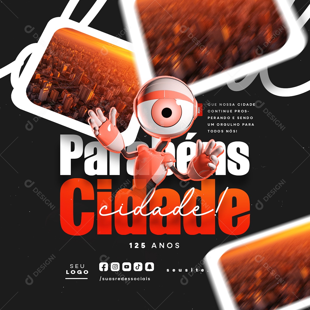 BBB Parabéns Cidade 125 Anos Feliz Aniversário Social Media PSD Editável