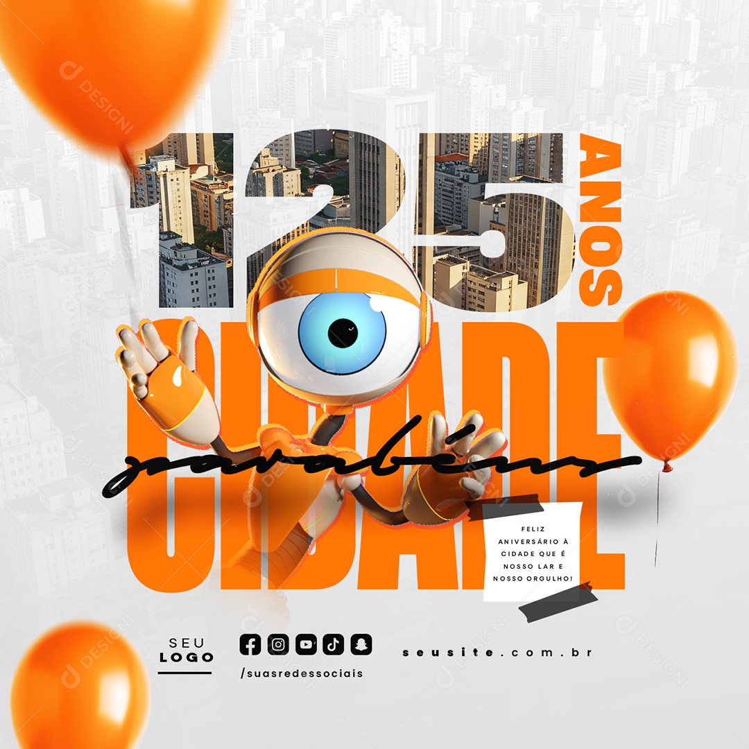 BBB Parabéns Cidade 125 Anos Feliz Aniversário Social Media PSD Editável