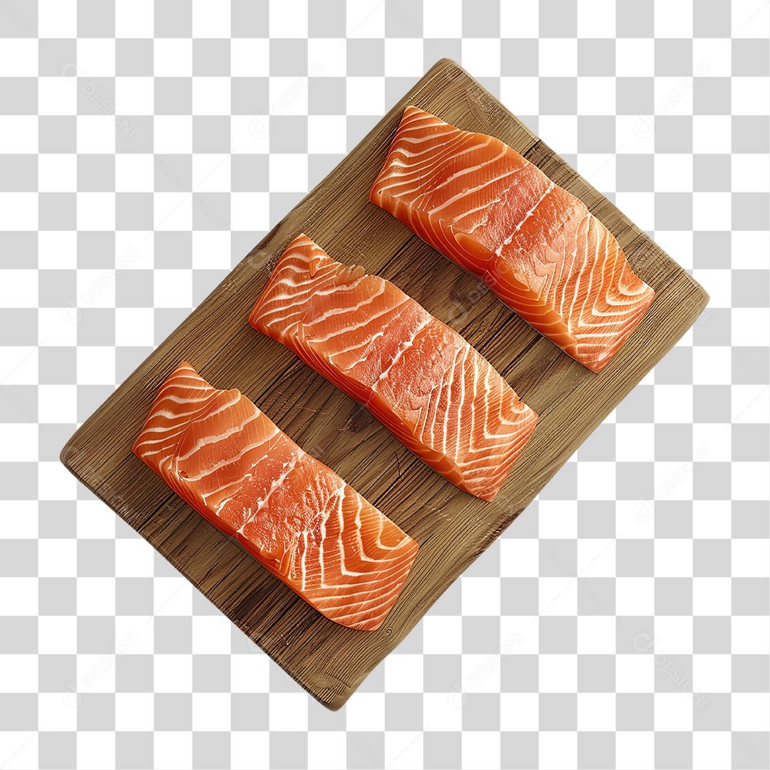 Filés de Salmão Cru em Tábua de Madeira Formato PNG Transparente
