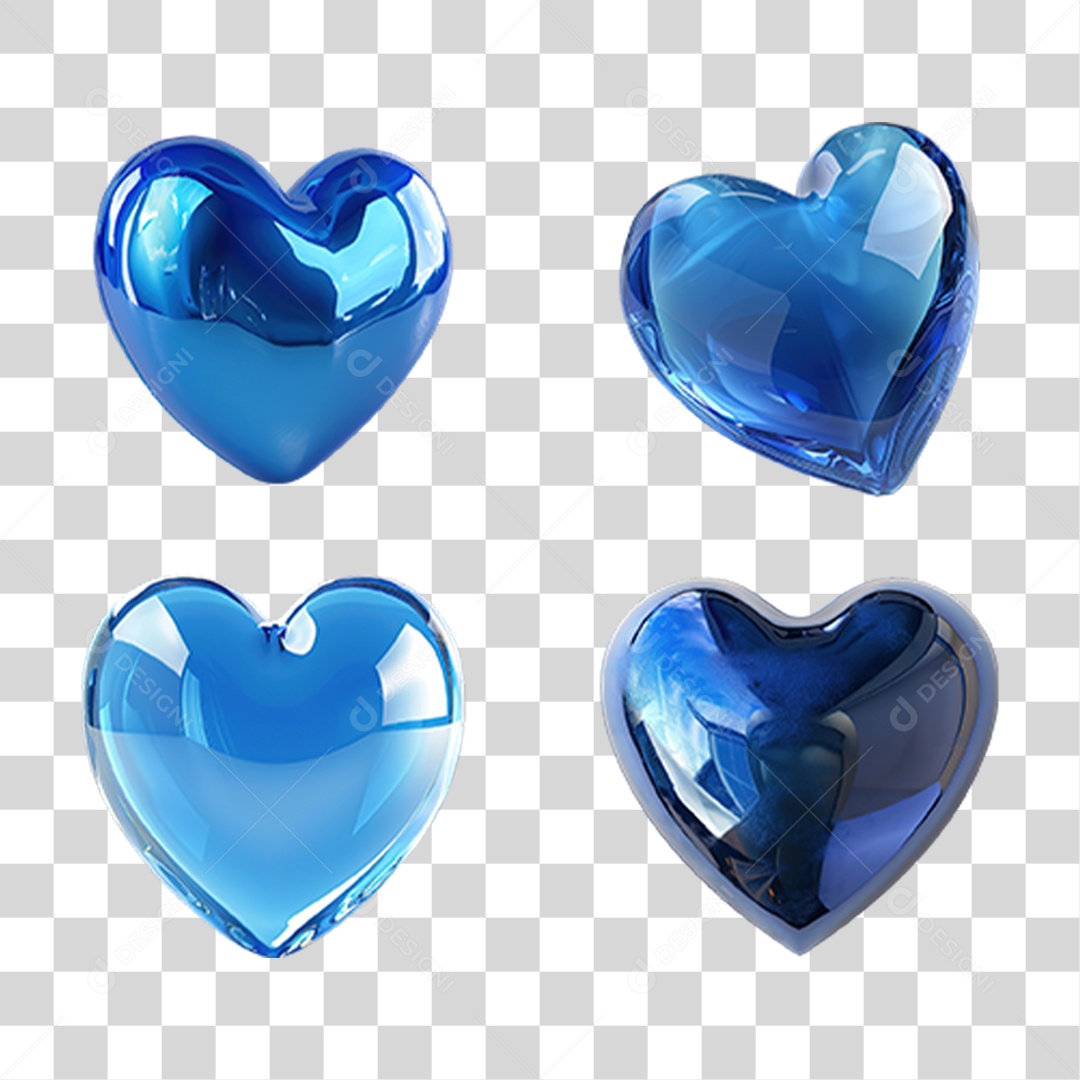 Três Corações Azuis Decorativos Brilhantes Formato PNG Transparente