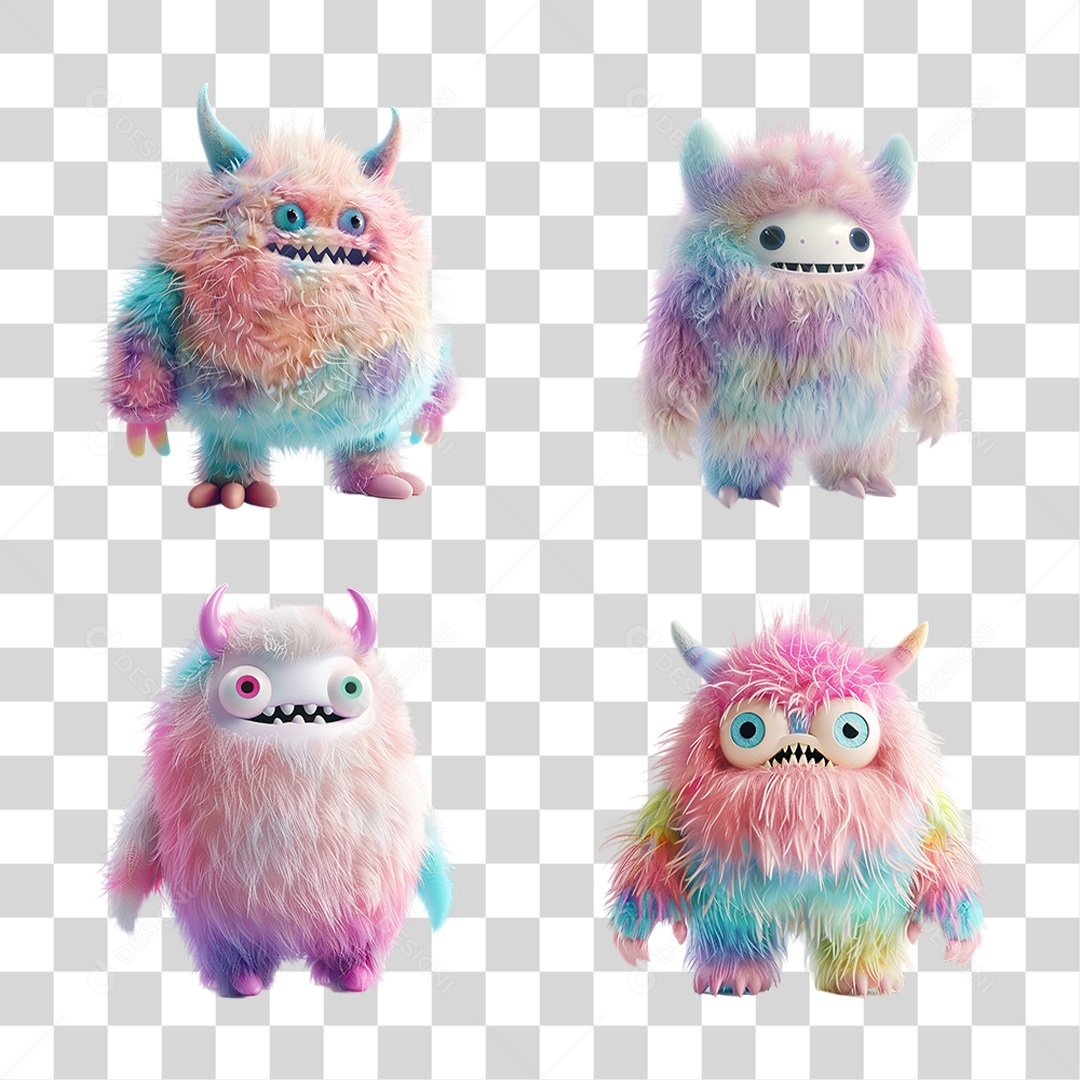 Conjunto de Monstros Coloridos em Estilo Infantil Formato PNG Transparente