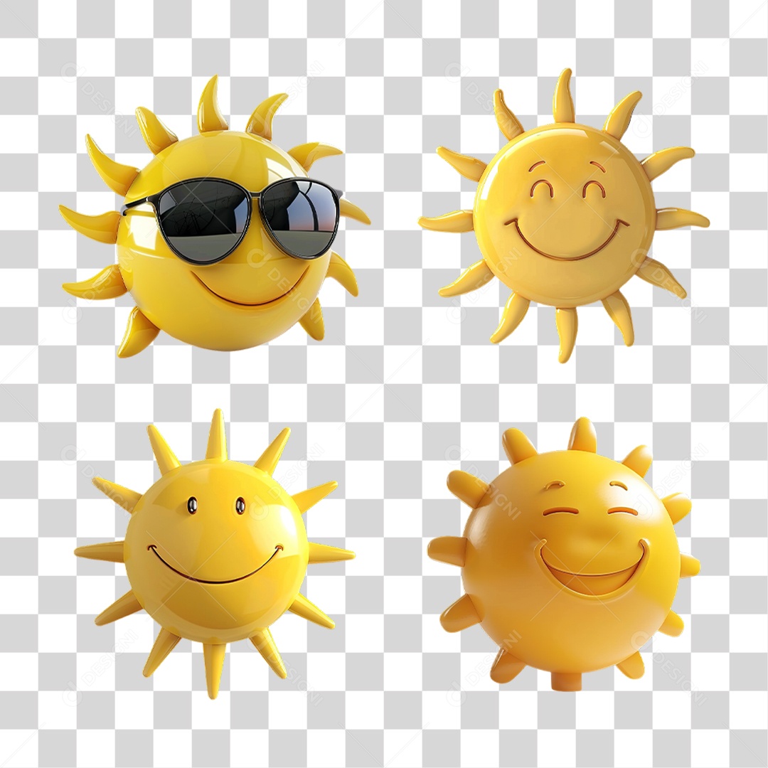 Conjunto de Sóis Amarelos em Diferentes Estilos Formato PNG Transparente