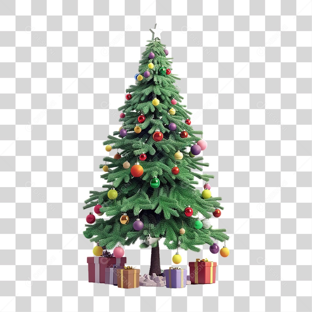 Árvore de Natal Decorada Com Presentes e Estrela Formato PNG Transparente