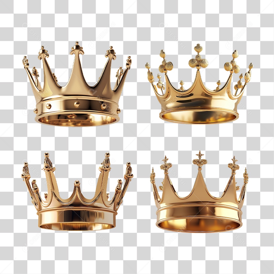 Conjunto de Coroas Douradas em Estilo Realista Formato PNG Transparente