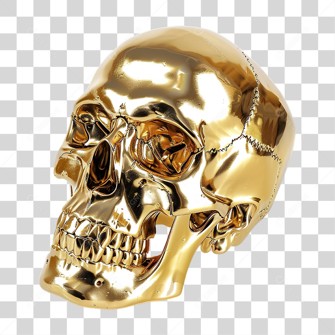 Caveira Dourada Decorativa em Estilo Realista Formato PNG Transparente