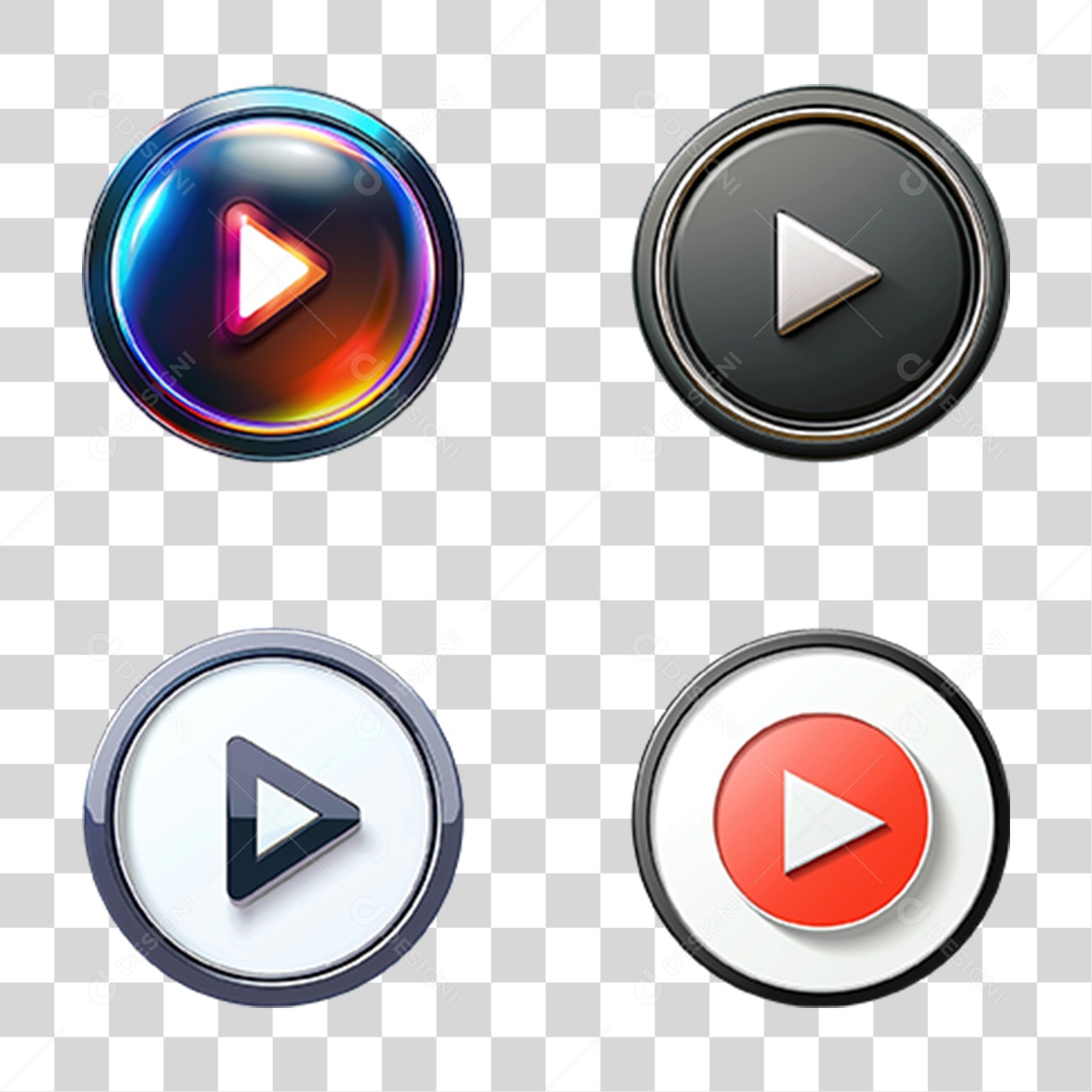 Conjunto de Botões Play Coloridos em Estilo Realista Formato PNG Transparente
