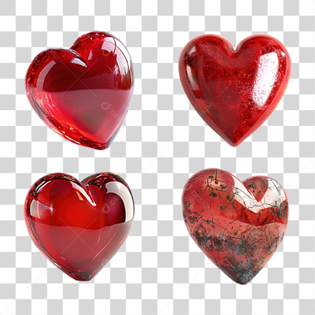 Conjunto de Corações Vermelhos Decorativos em Estilo Realista Formato PNG Transparente