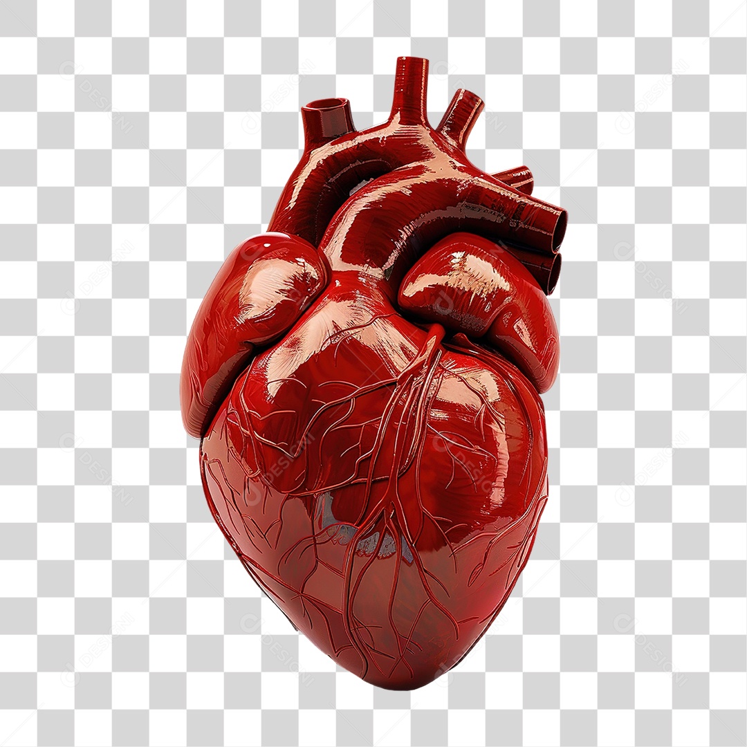 Coração Vermelho Realista em Estilo Anatômico Formato PNG Transparente
