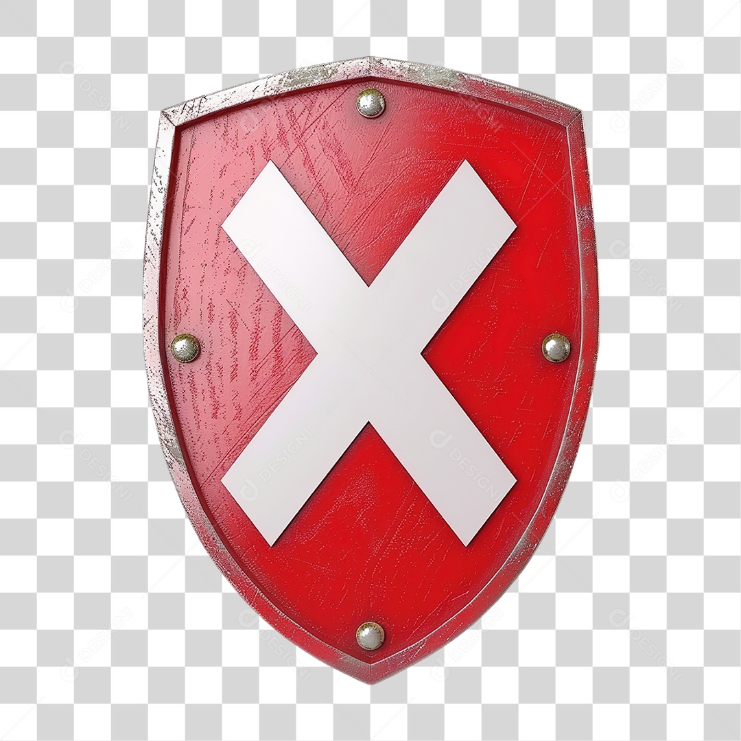 Escudo Vermelho com X Branco em Estilo Realista Formato PNG Transparente