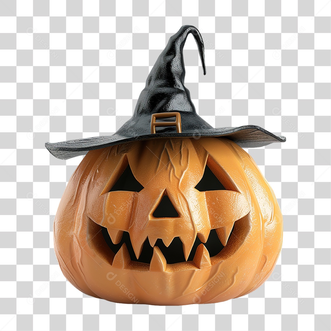 Abóbora de Halloween Decorada com Chapéu em Estilo Realista Formato PNG Transparente