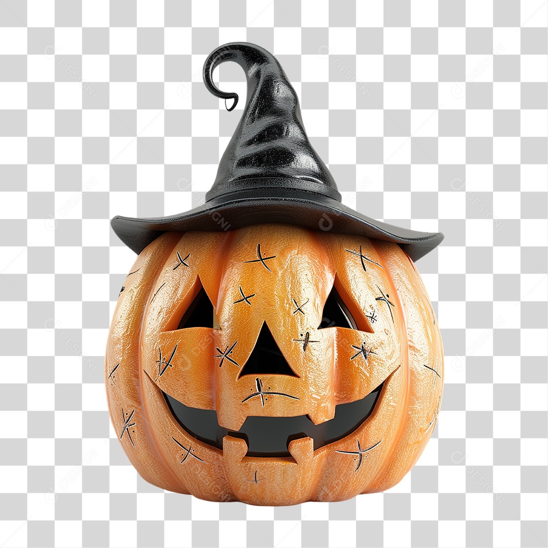 Abóbora de Halloween com Chapéu Preto em Estilo Realista Formato PNG Transparente