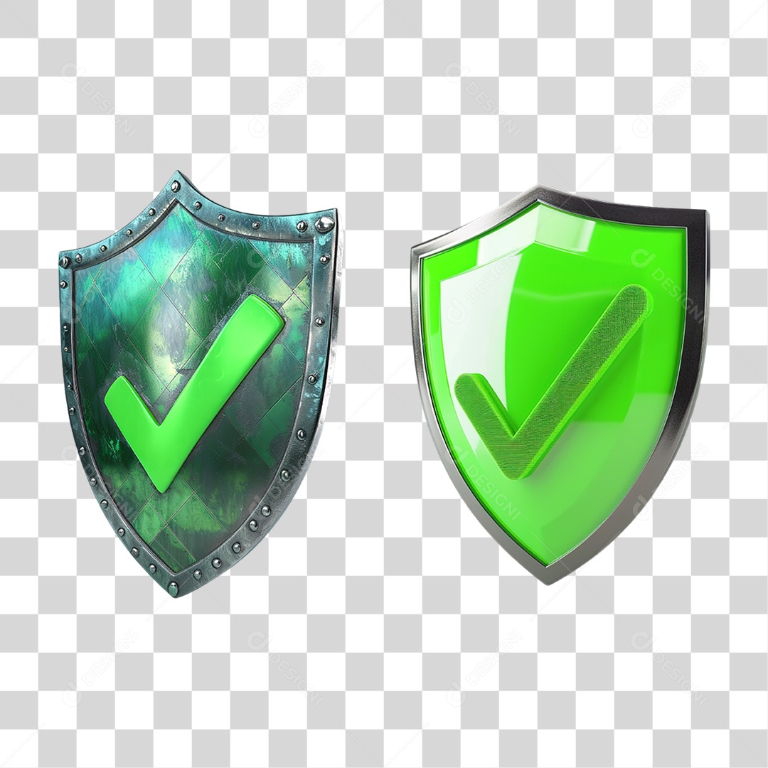 Conjunto de Escudos Verdes com Marca de Verificação em Estilo Realista Formato PNG Transparente
