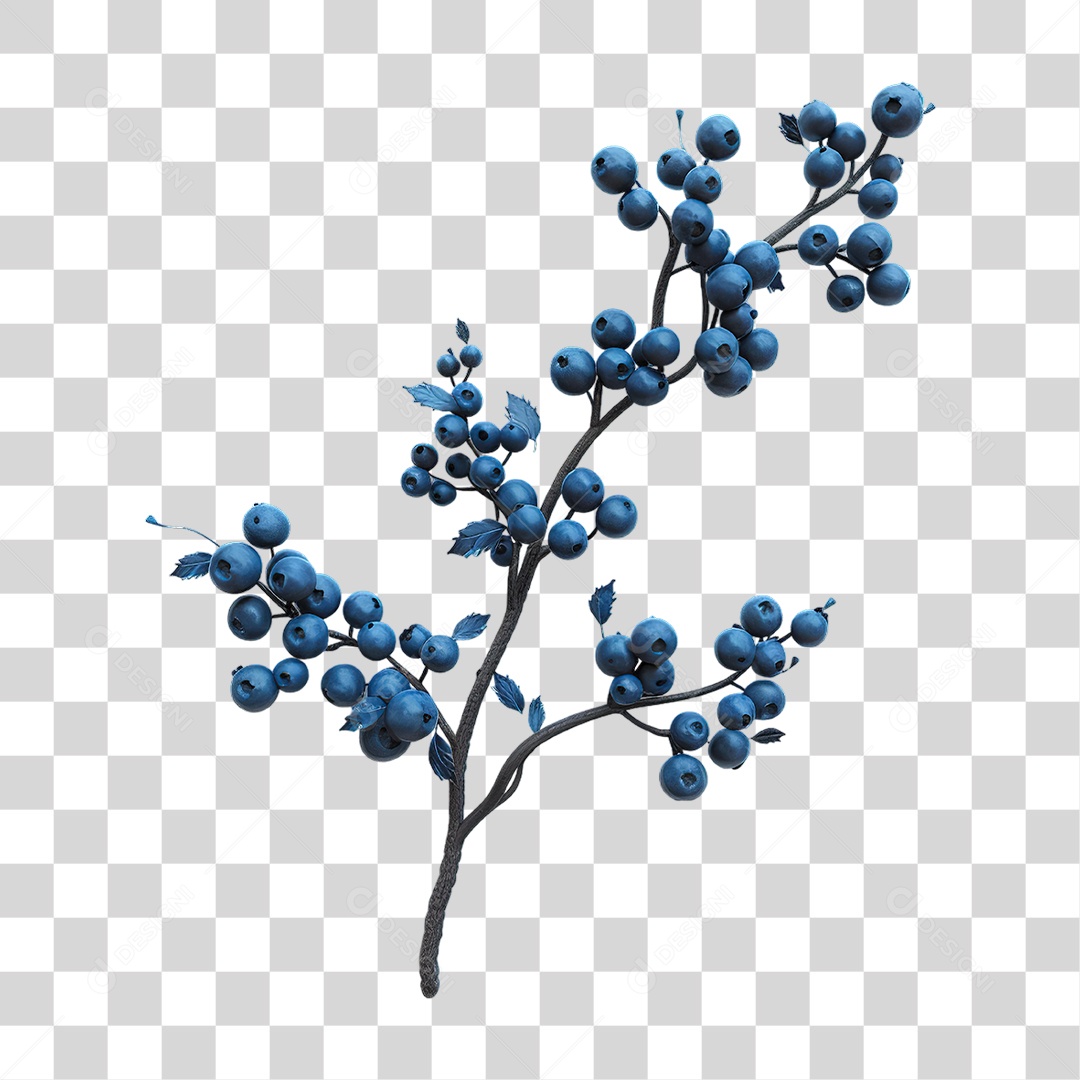 Galho com Pequenos Frutos Azuis em Estilo Realista Planta Formato PNG Transparente