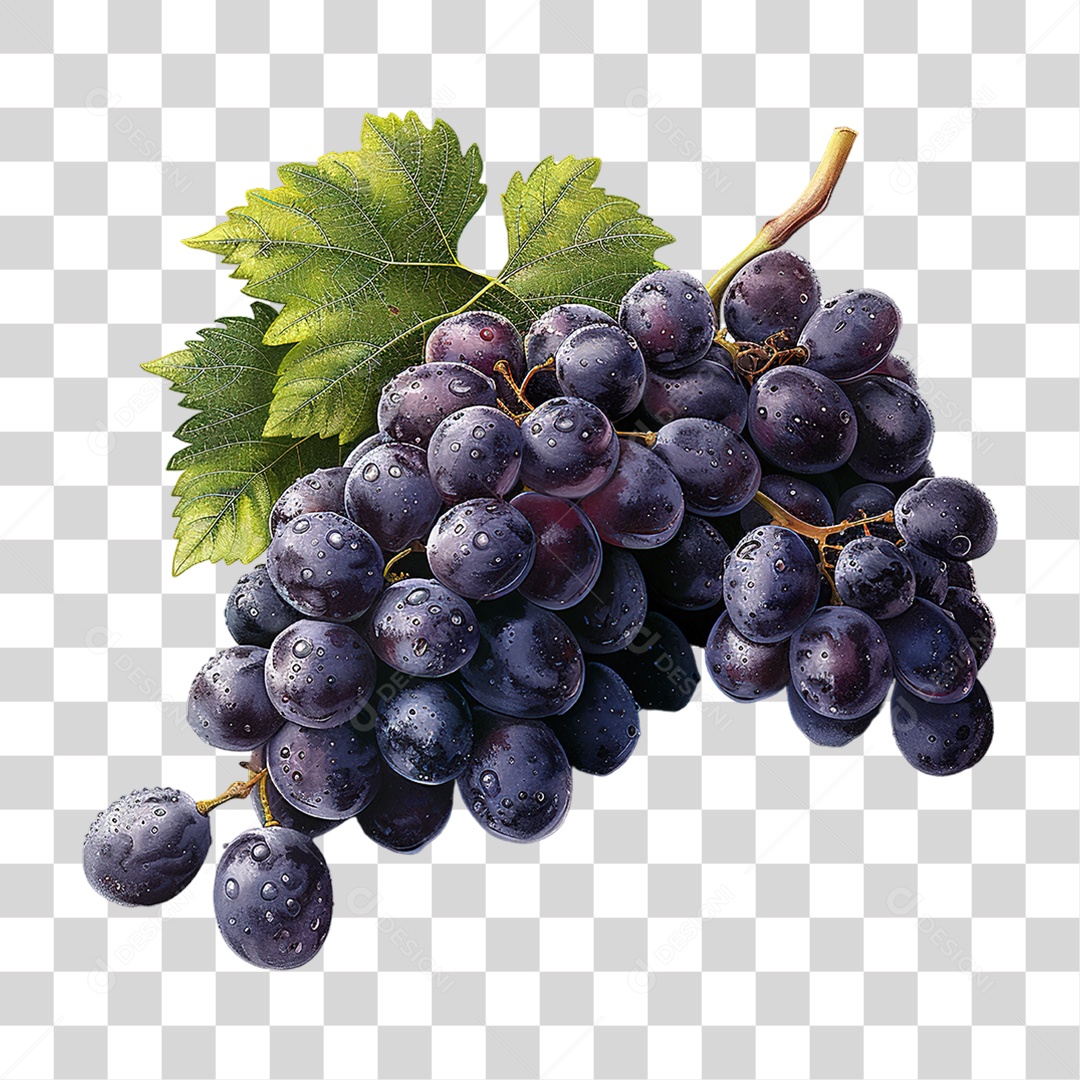 Cacho de Uvas Roxo Escuro Frescas em Estilo Realista Fruta Formato PNG Transparente