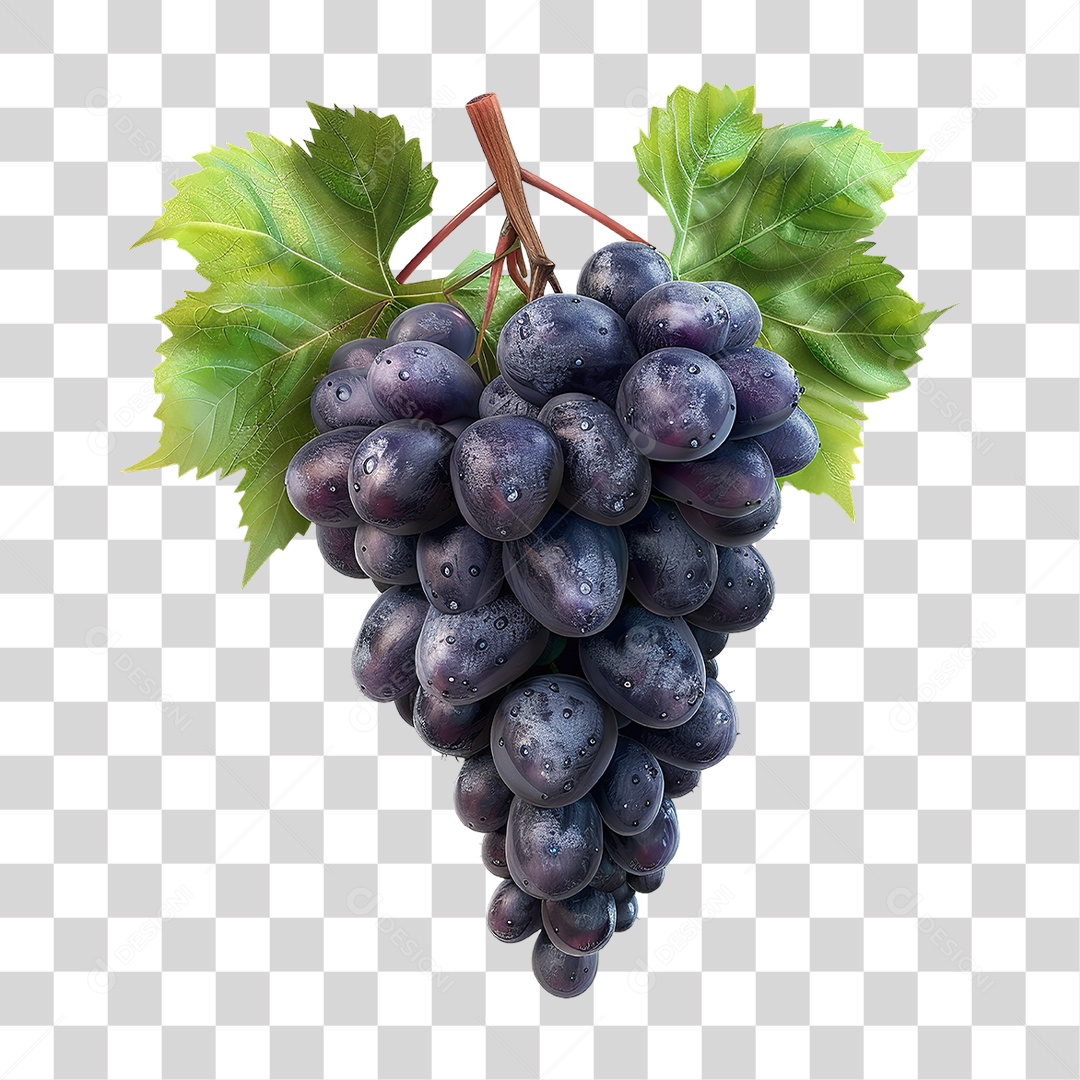 Cacho de Uvas Pretas Frescas em Estilo Realista Fruta Formato PNG Transparente