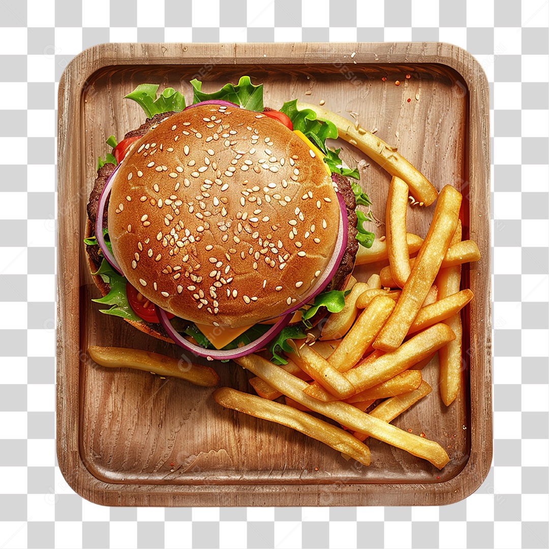 Hambúrguer com Batata Servido em Bandeja de Madeira em Estilo Realista Formato PNG Transparente