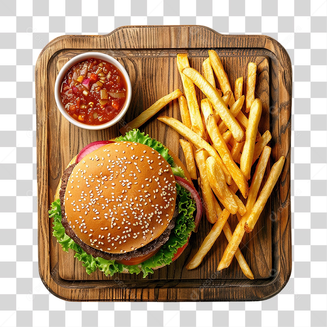 Hambúrguer com Molho e Batata Frita no Prato em Estilo Realista Formato PNG Transparente