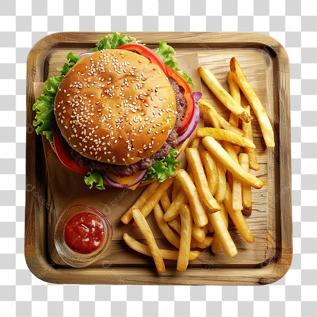 Hambúrguer com Batata Frita Servido no Prato em Estilo Realista Fast Food Formato PNG Transparente