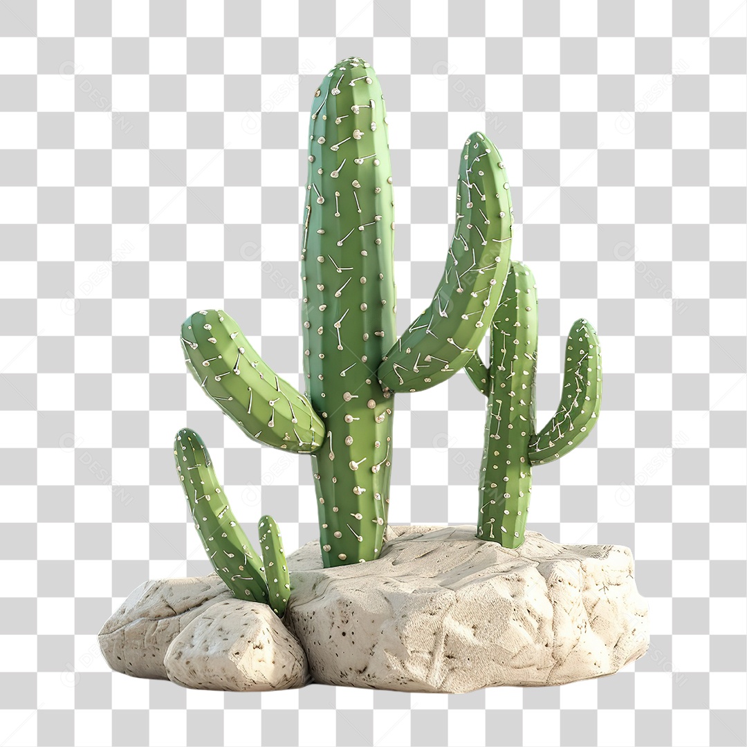 Cacto Verde Natural com Pedra em Estilo Realista Formato PNG Transparente