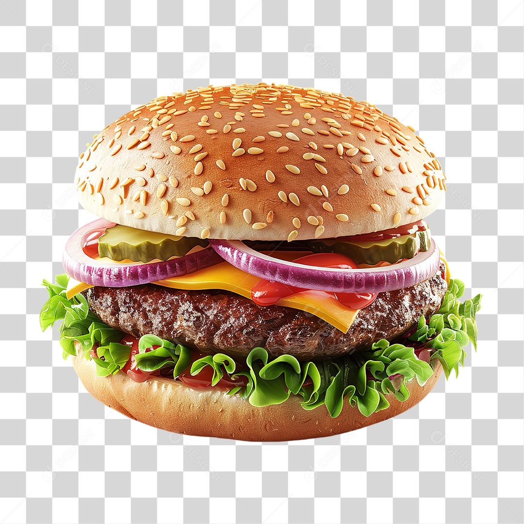 Hambúrguer com Queijo Carne e Salada em Estilo Realista Fast Food Formato PNG Transparente
