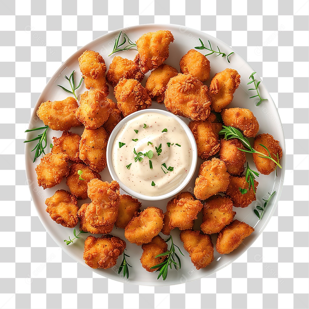 Frango Empanado Crocante Servido no Prato em Estilo Realista Formato PNG Transparente