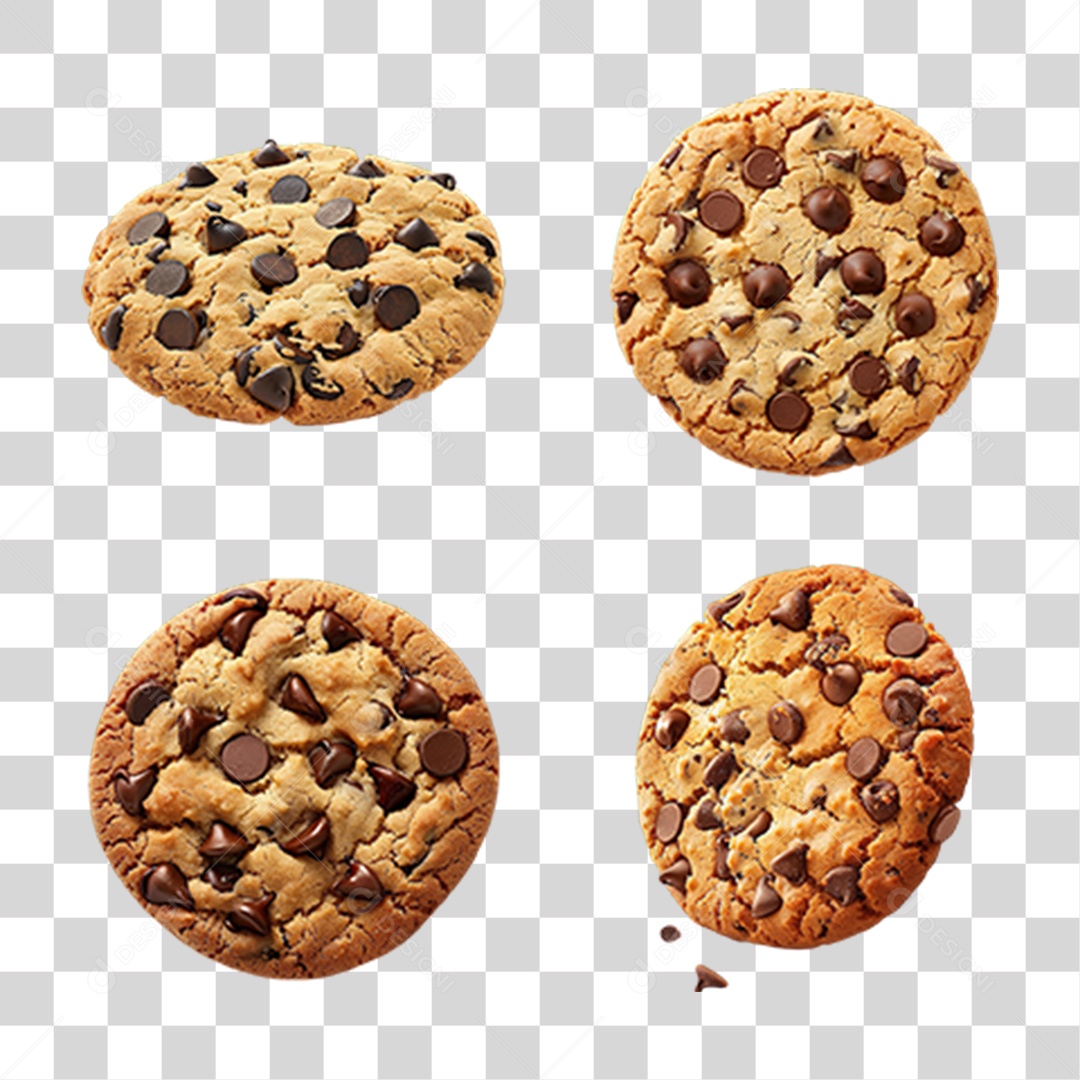 Conjunto de Cookies com Gotas de Chocolate em Estilo Realista Sobremesa Formato PNG Transparente