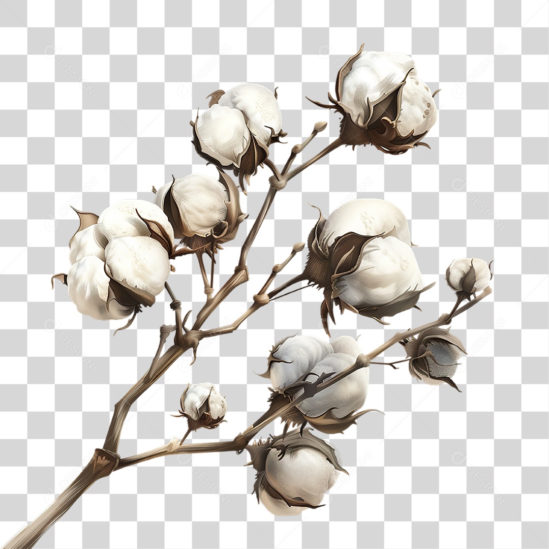 Conjunto de Ramos de Algodão Branco Natural em Estilo Realista Planta Formato PNG Transparente