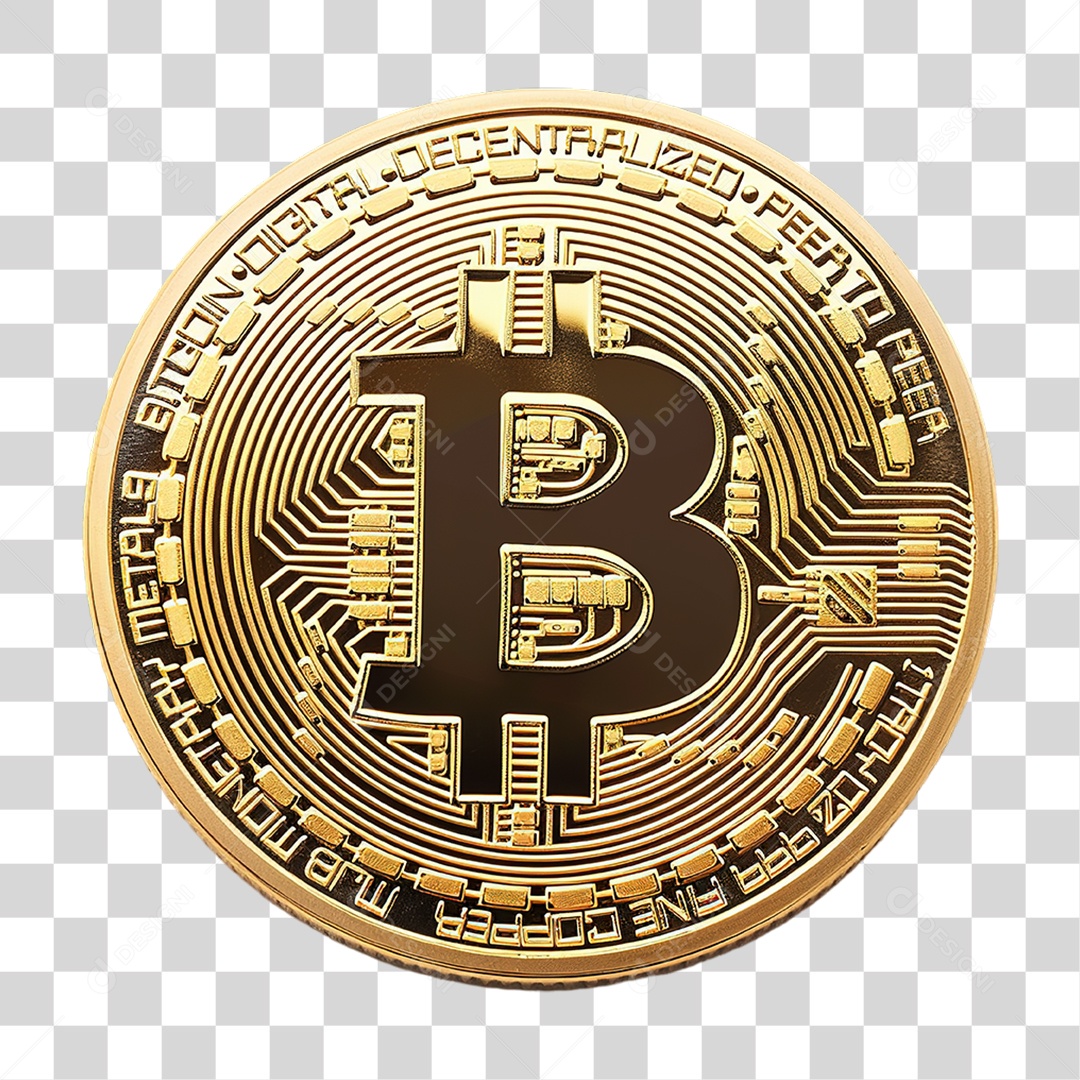 Moeda de Bitcoin Dourada em Estilo Realista Formato PNG Transparente